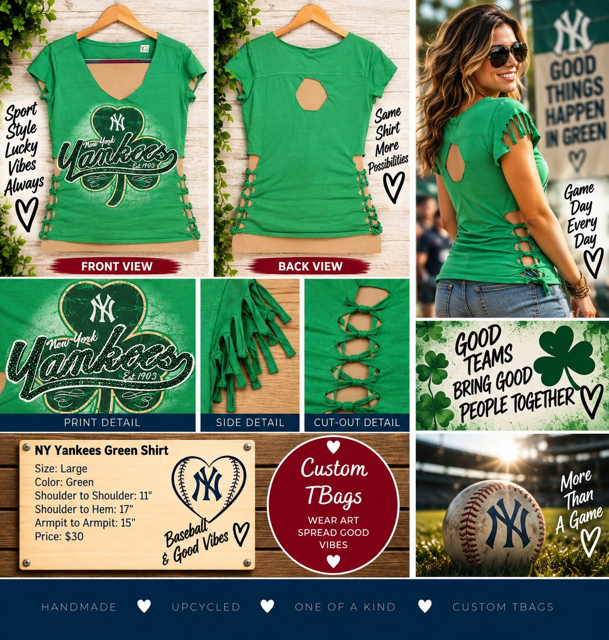 One-of-a-Kind NY Yankees Green Upcycled Shirt – Women’s Large - details and styling