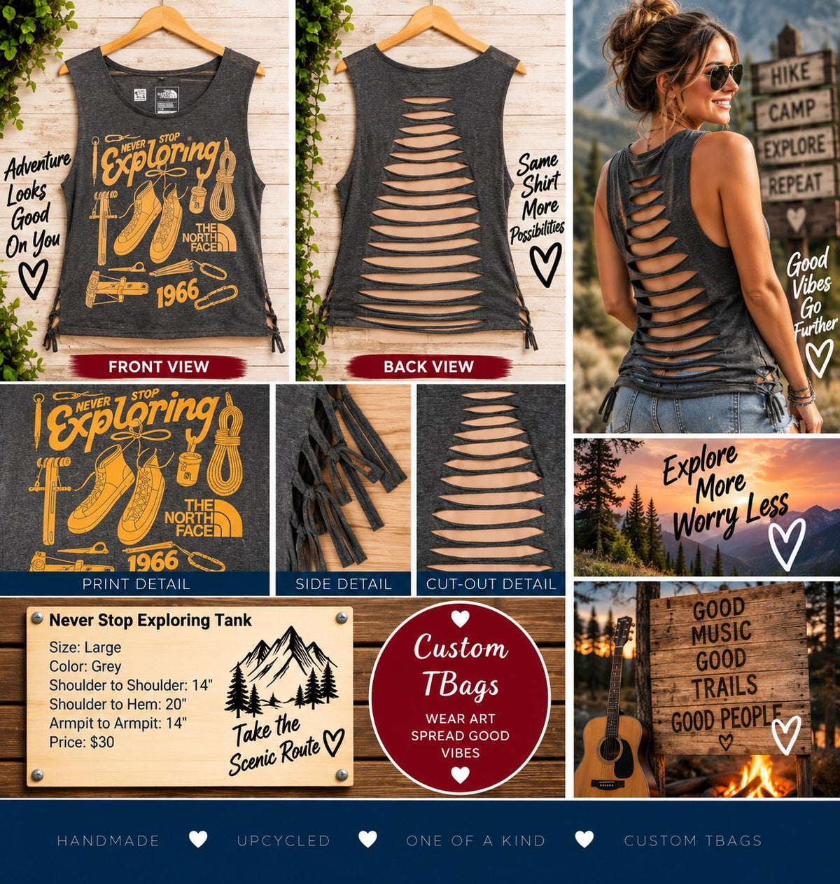 One-of-a-Kind Never Stop Exploring Upcycled Tank – Women’s Large - details and styling