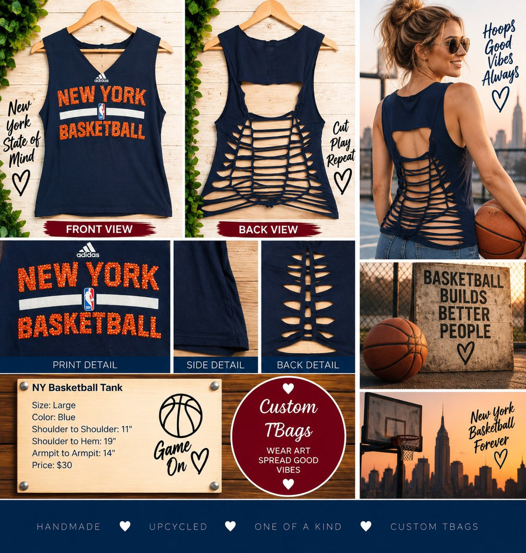 One-of-a-Kind NY Basketball Upcycled Tank – Women’s Large - details and styling