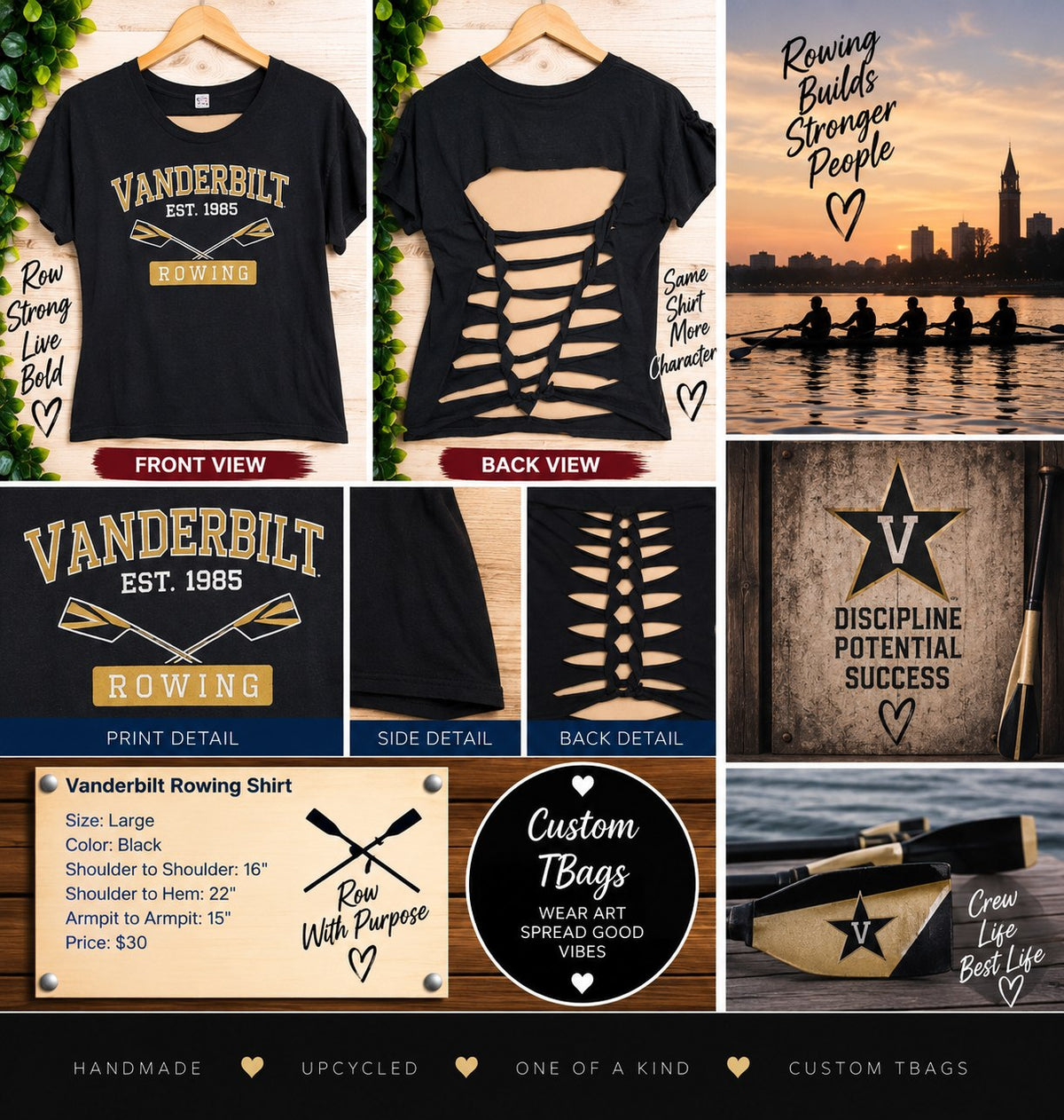 One-of-a-Kind Vanderbilt Rowing Upcycled Shirt – Women’s Large - details and styling