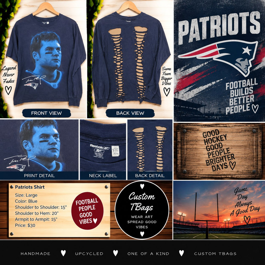 One-of-a-Kind Patriots Upcycled Shirt – Women’s Large - details and styling