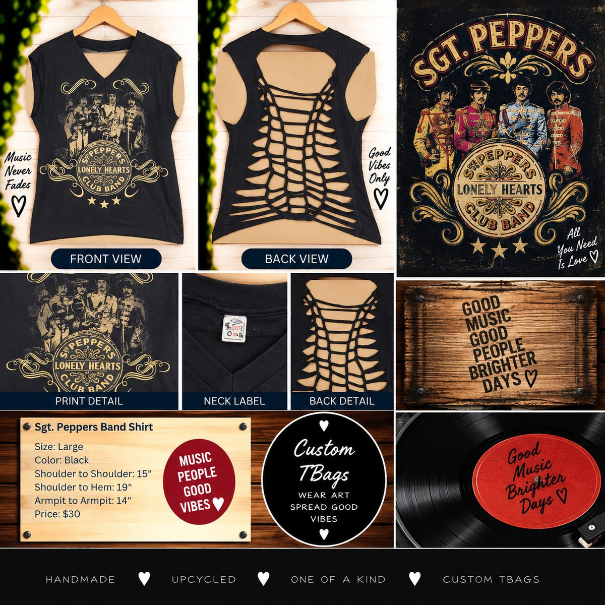 One-of-a-Kind Sgt. Peppers Band Upcycled Shirt – Women’s Large - details and styling