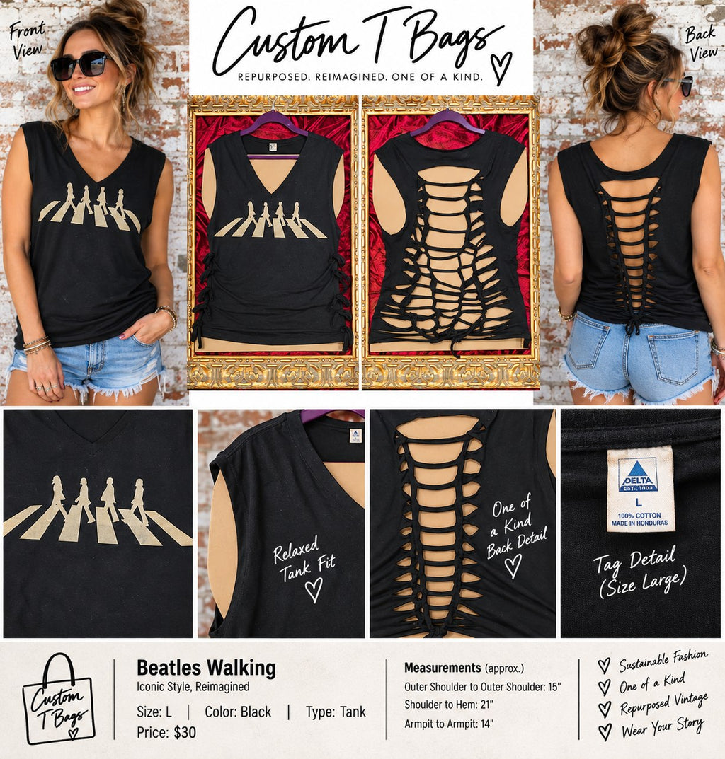 One-of-a-Kind Beatles Walking Upcycled Tank – Women’s Large - details and styling