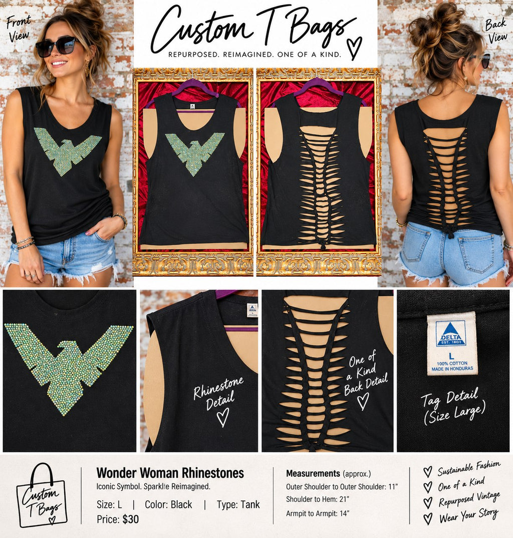 One-of-a-Kind Wonder Woman Rhinestones Upcycled Tank – Women’s Large - details and styling