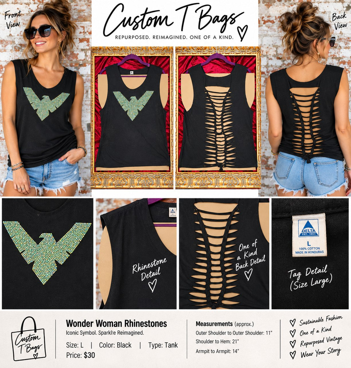 One-of-a-Kind Wonder Woman Rhinestones Upcycled Tank – Women’s Large - details and styling