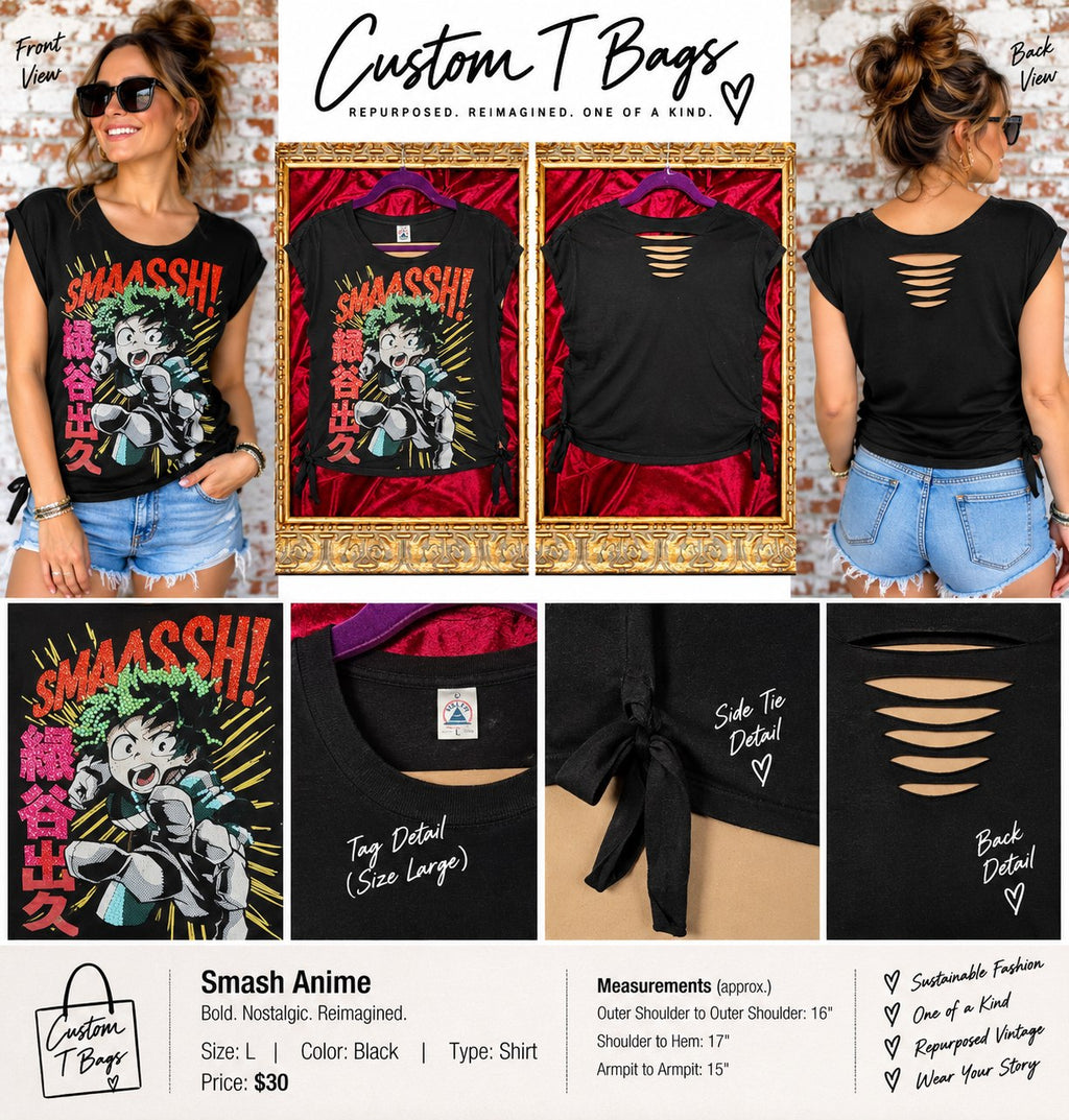 One-of-a-Kind Smash Anime Upcycled Shirt – Women’s Large - details and styling