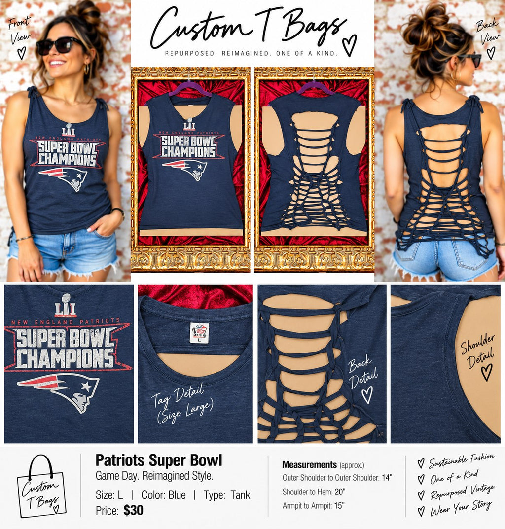 One-of-a-Kind Patriots Super Bowl Upcycled Tank – Women’s Large - details and styling