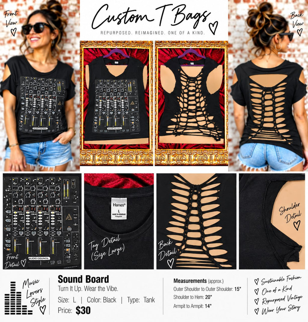 One-of-a-Kind Sound Board Upcycled Tank – Women’s Large - details and styling