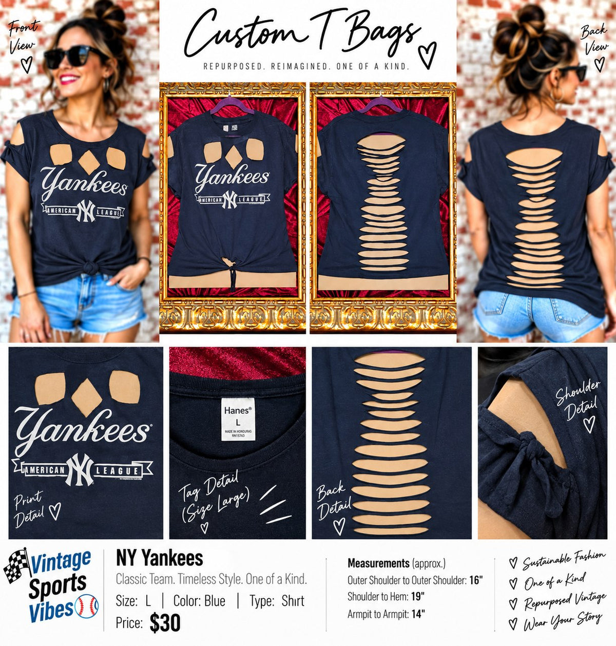 One-of-a-Kind NY Yankees Upcycled Shirt – Women’s Large - details and styling