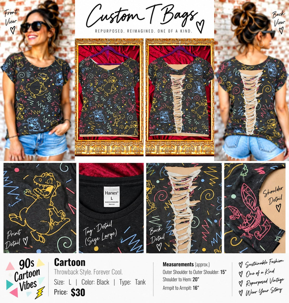 One-of-a-Kind Cartoon Upcycled Tank – Women’s Large - details and styling