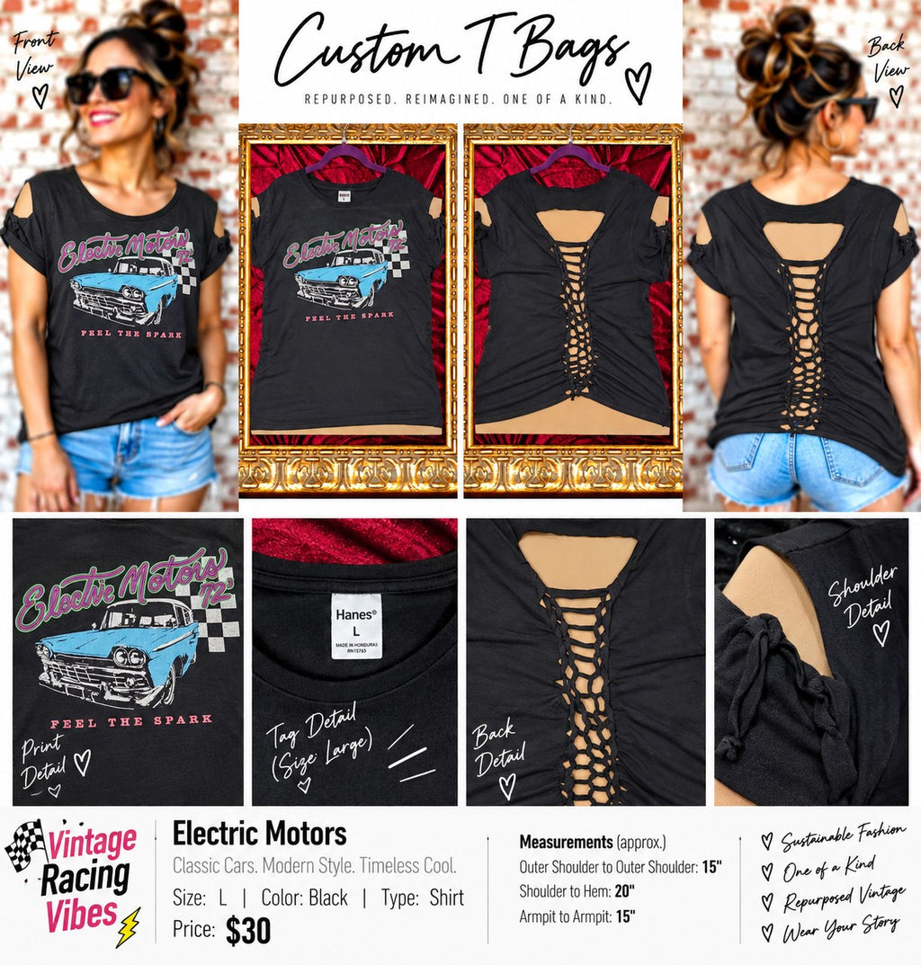 One-of-a-Kind Electric Motors Upcycled Shirt – Women’s Large - details and styling