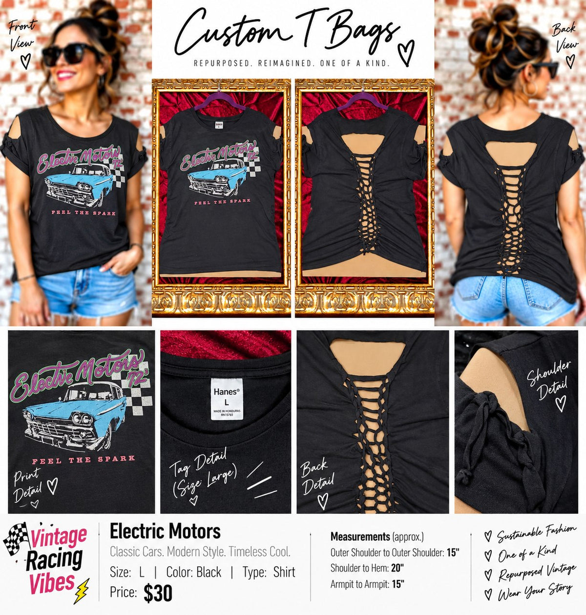 One-of-a-Kind Electric Motors Upcycled Shirt – Women’s Large - details and styling