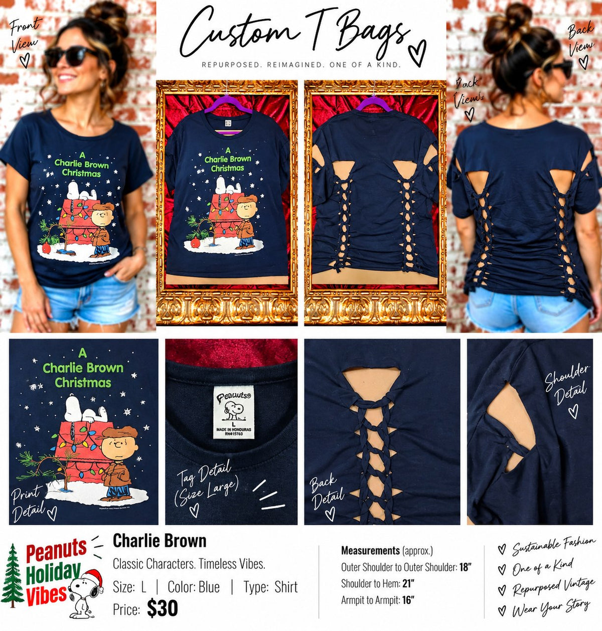 One-of-a-Kind Charlie Brown Upcycled Shirt – Women’s Large - details and styling