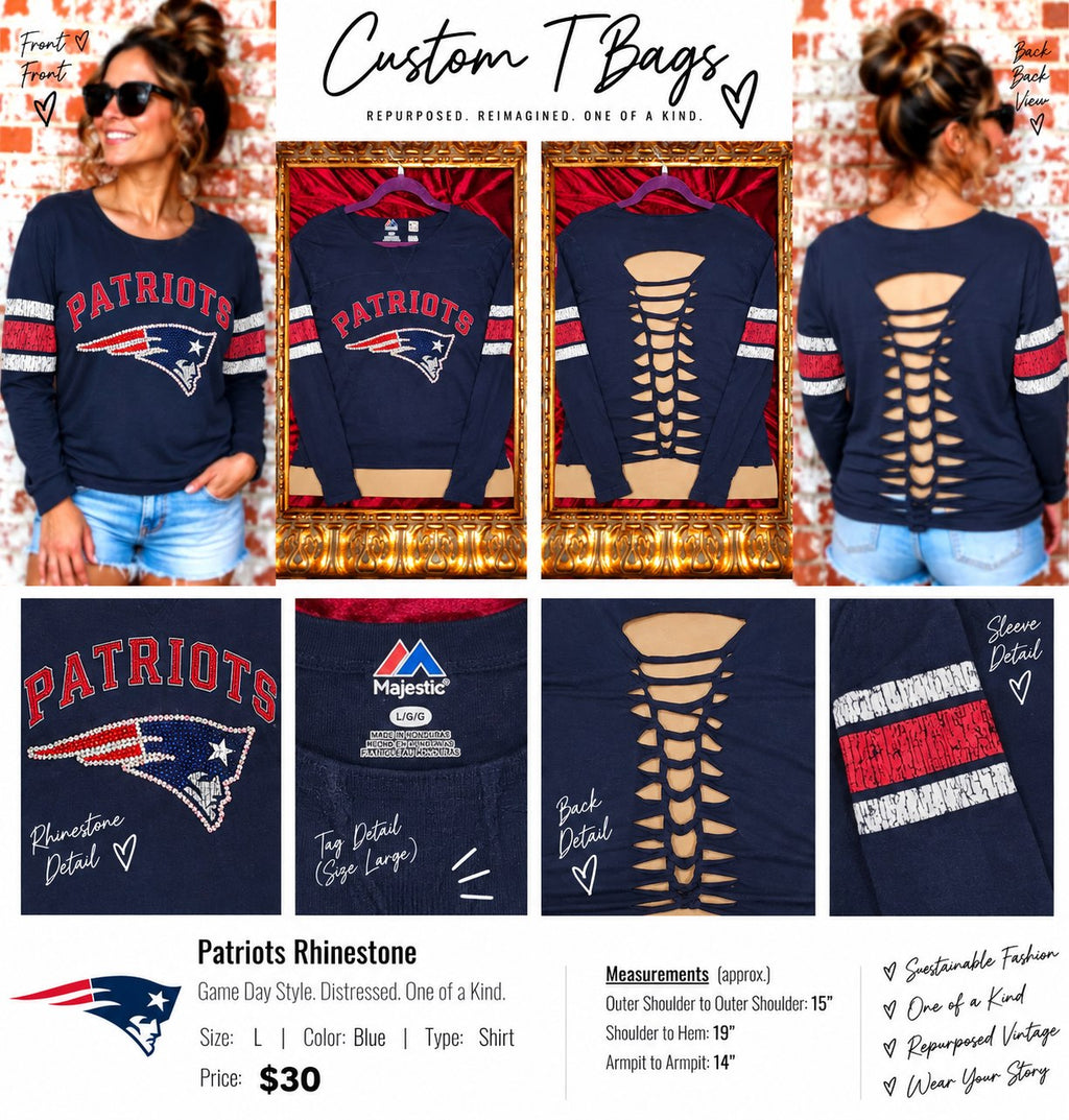 One-of-a-Kind Patriots Rhinestone Upcycled Shirt – Women’s Large - details and styling