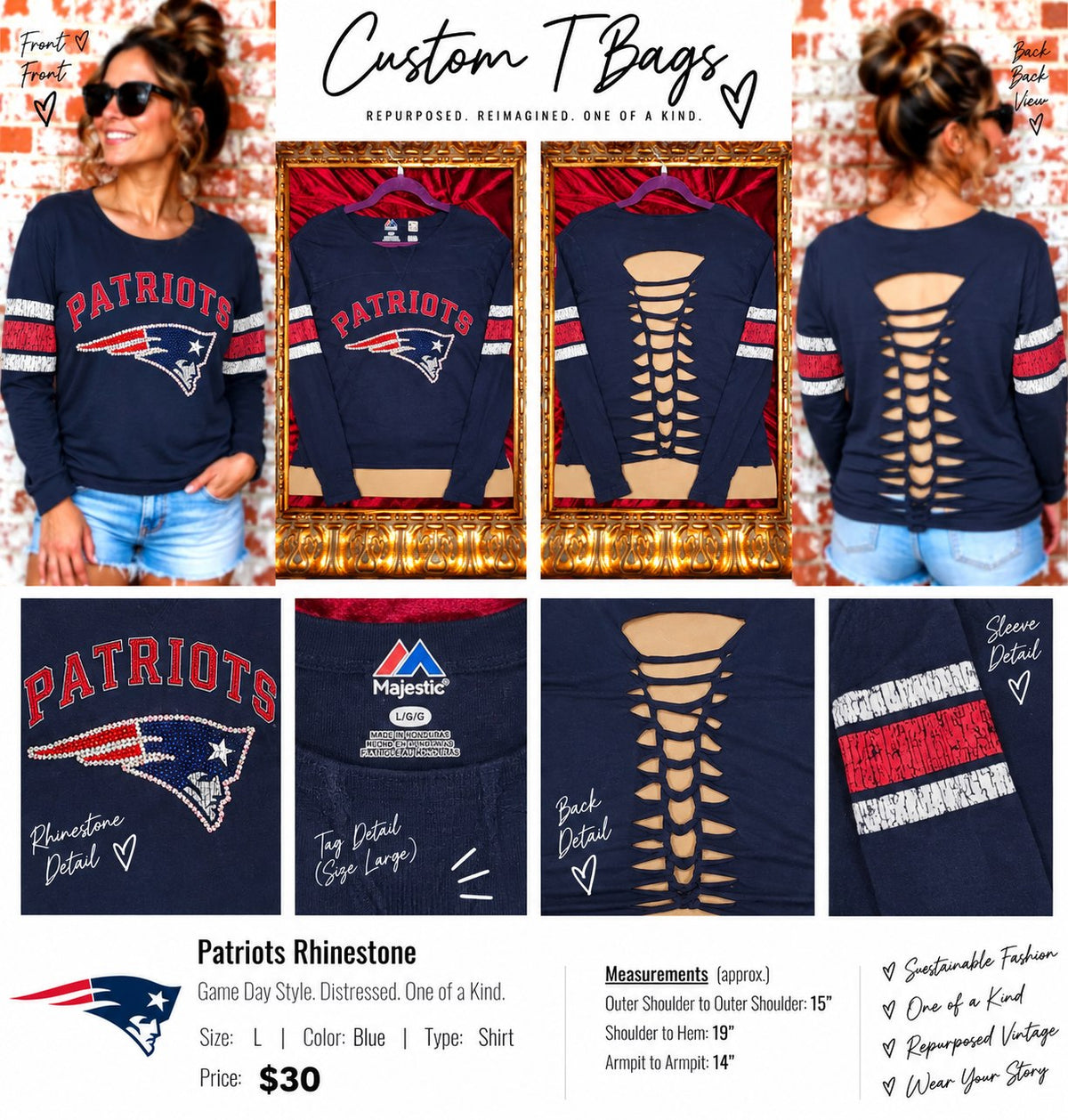 One-of-a-Kind Patriots Rhinestone Upcycled Shirt – Women’s Large - details and styling