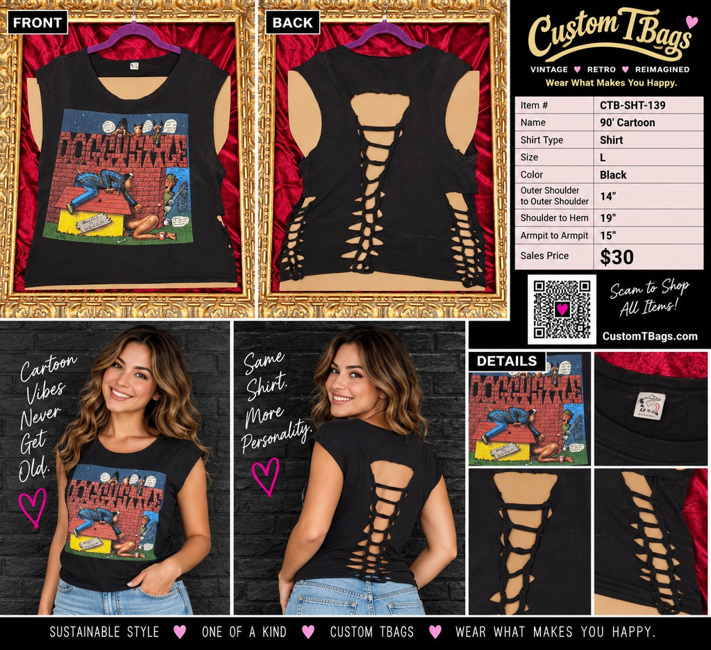 One-of-a-Kind 90' Cartoon Reworked Shirt – Size L - details and styling