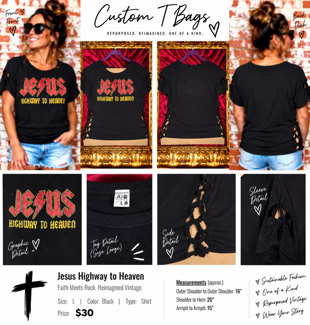 One-of-a-Kind Jesus Highway to Heaven Upcycled Shirt – Women’s Large - details and styling