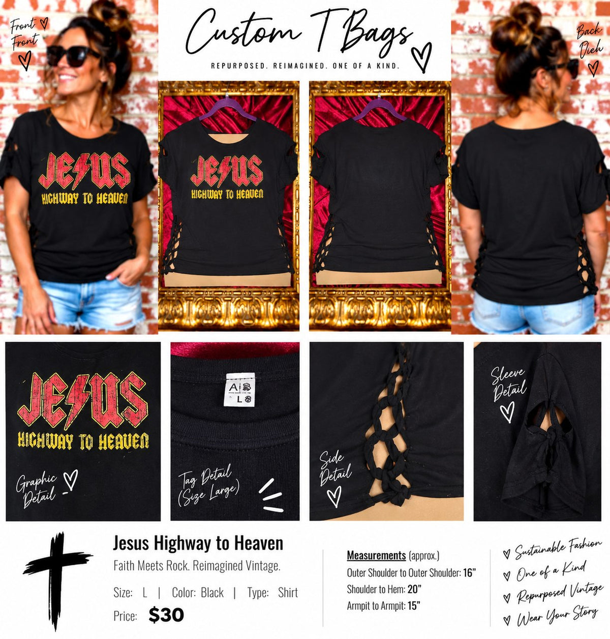 One-of-a-Kind Jesus Highway to Heaven Upcycled Shirt – Women’s Large - details and styling