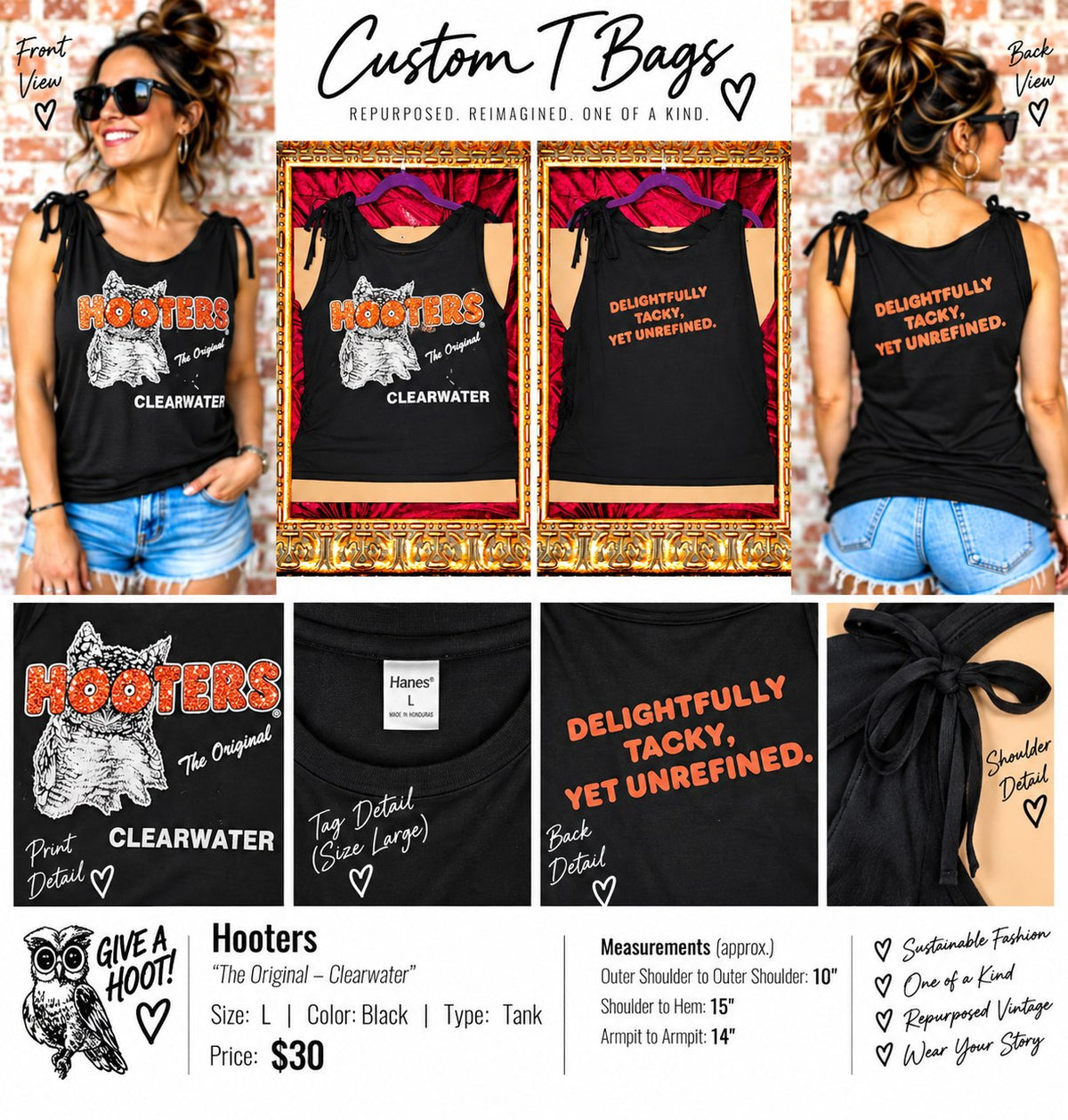 One-of-a-Kind Hooters Clearwater Upcycled Tank – Women’s Large - details and styling