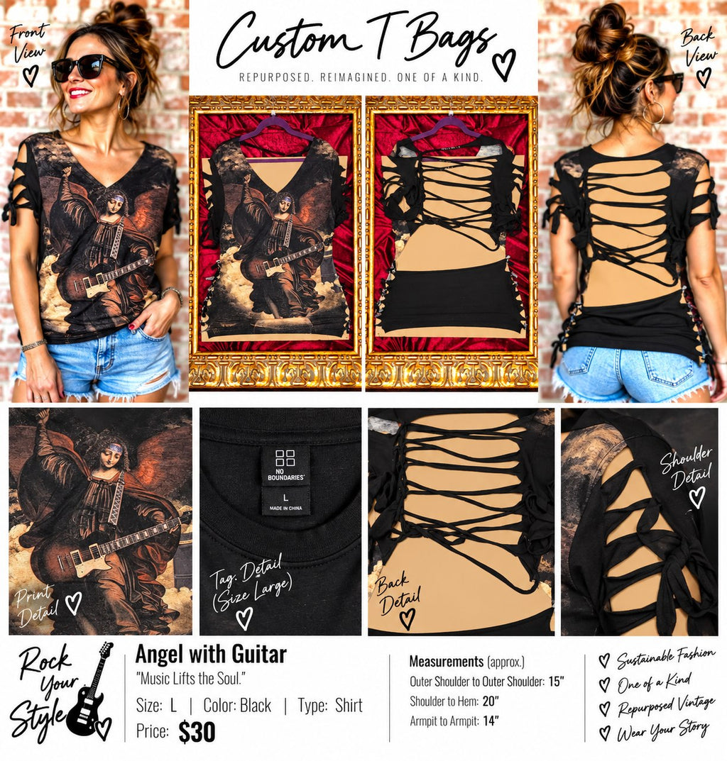One-of-a-Kind Angel with Guitar Reworked Shirt – Women’s Large - details and styling