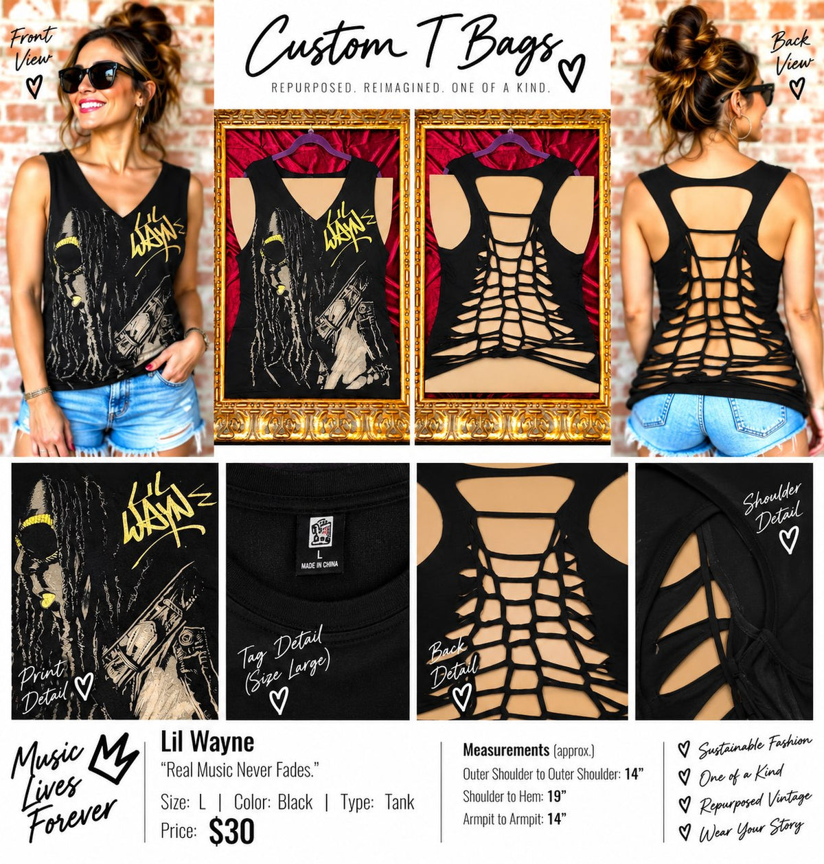 One-of-a-Kind Lil Wayne Reworked Tank – Women’s Large - details and styling