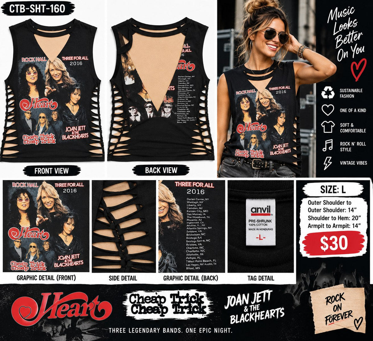 One-of-a-Kind Heart / Cheap Trick / Joan Jett Reworked Tank – Women’s Large - details and styling