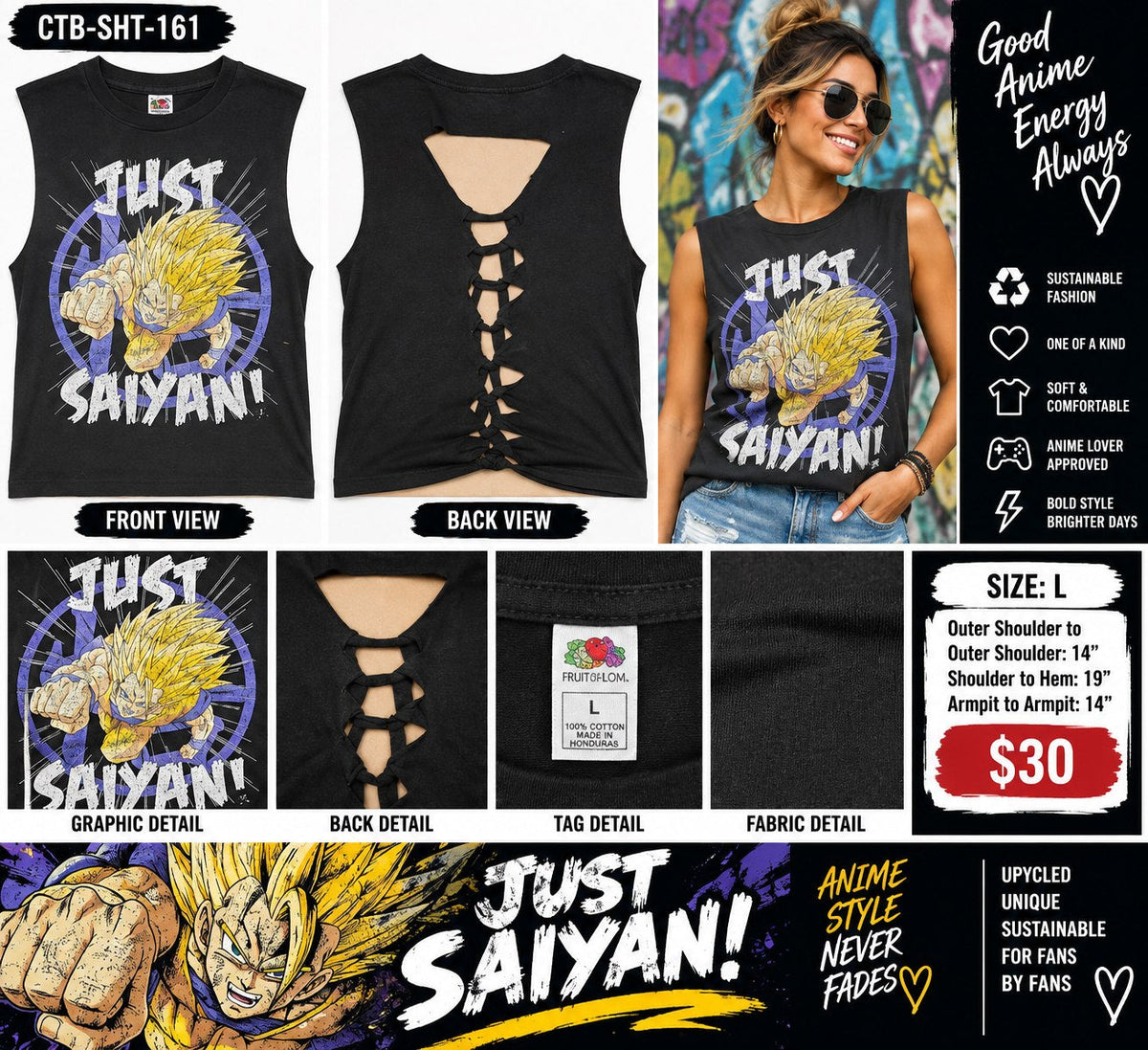 One-of-a-Kind Just Saiyan! Anime Reworked Tank – Women’s Large - details and styling