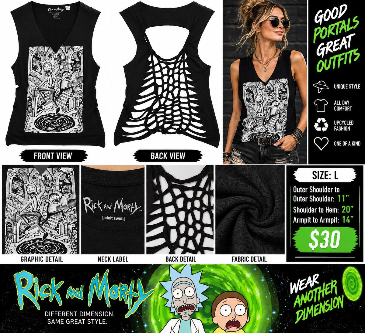 One-of-a-Kind Rick & Morty Reworked Tank – Women’s Large - details and styling