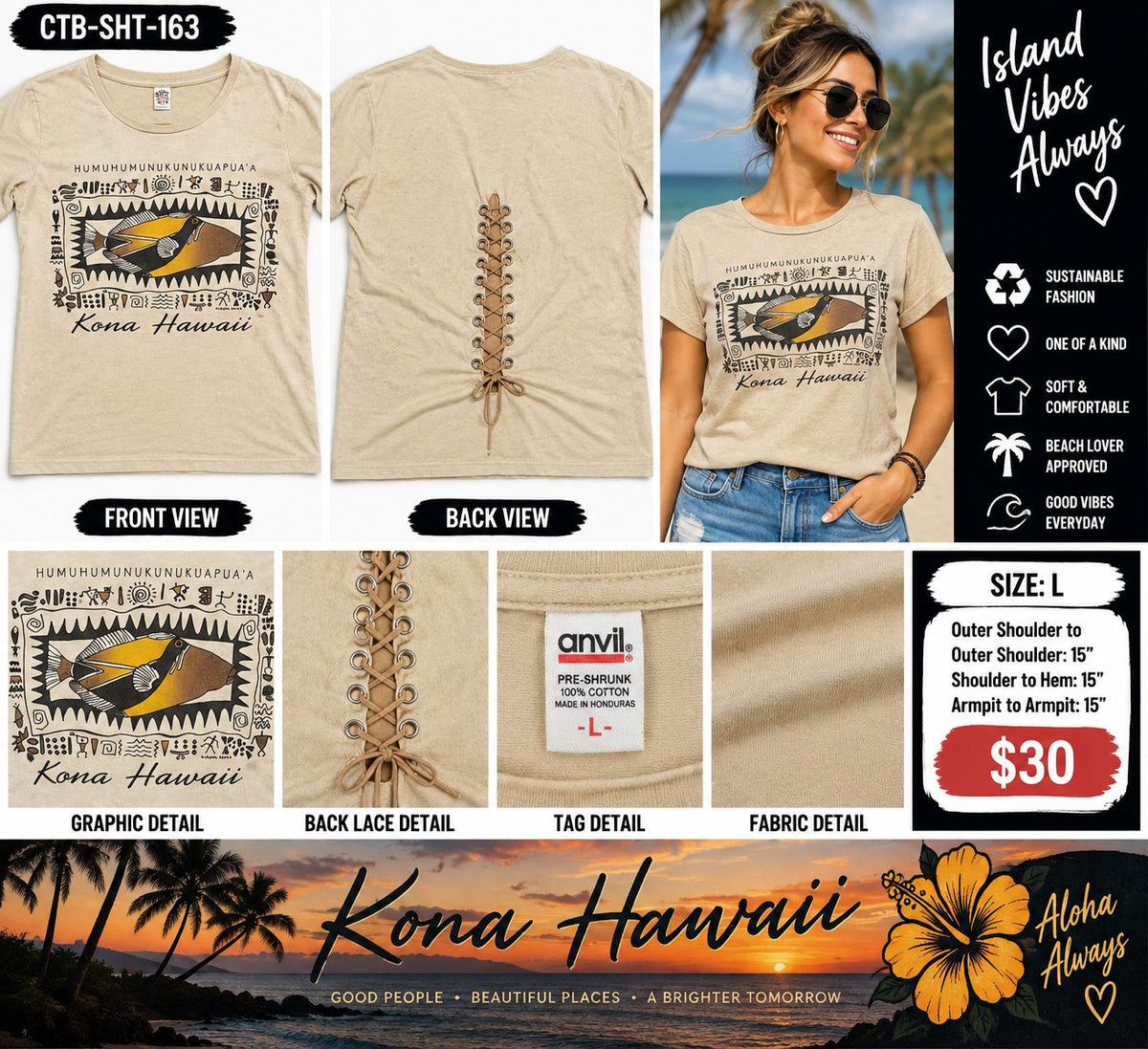One-of-a-Kind Kona Hawaii Reworked Shirt – Women’s Large - details and styling
