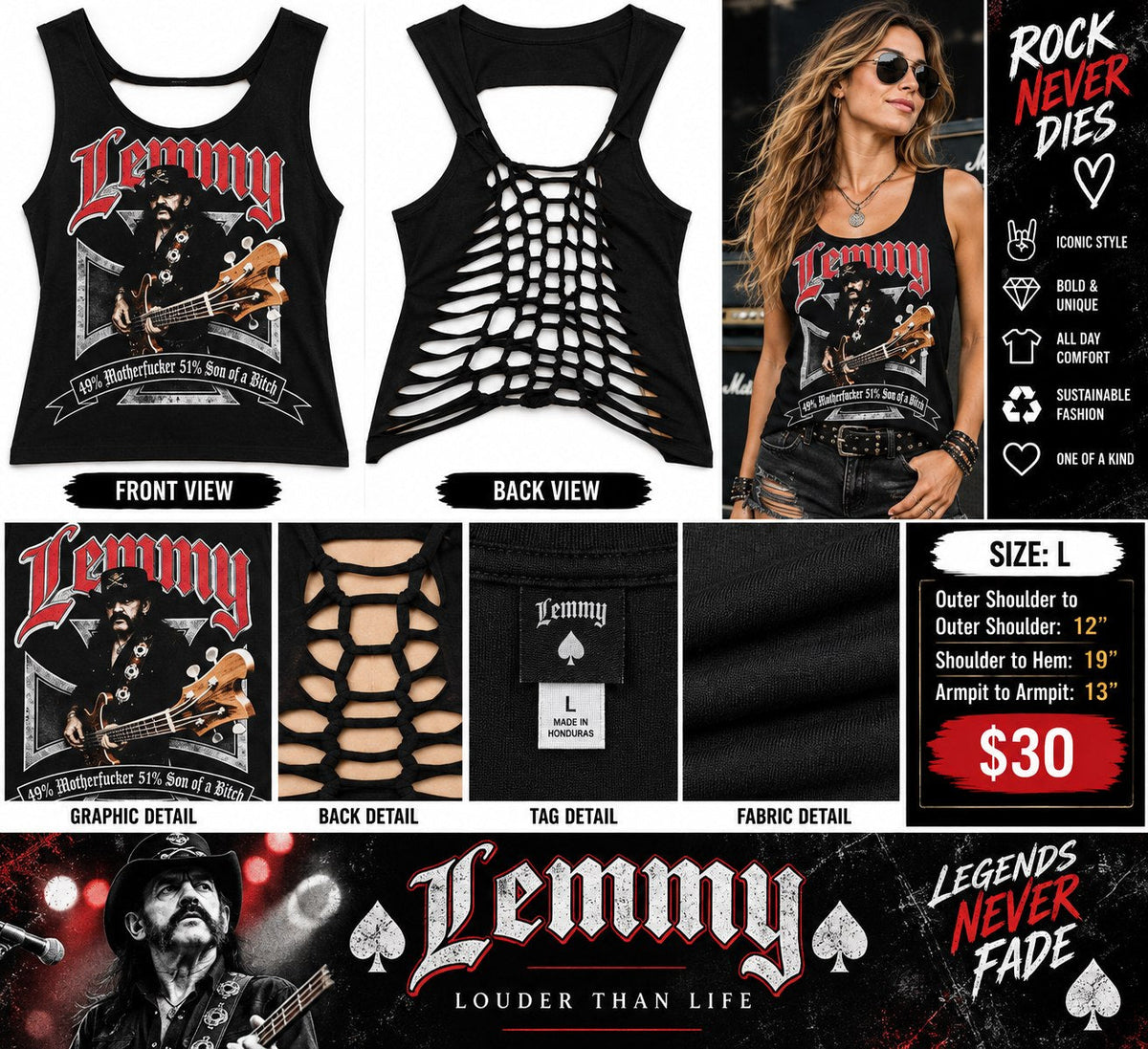One-of-a-Kind Lemmy Reworked Tank – Women’s Large - details and styling