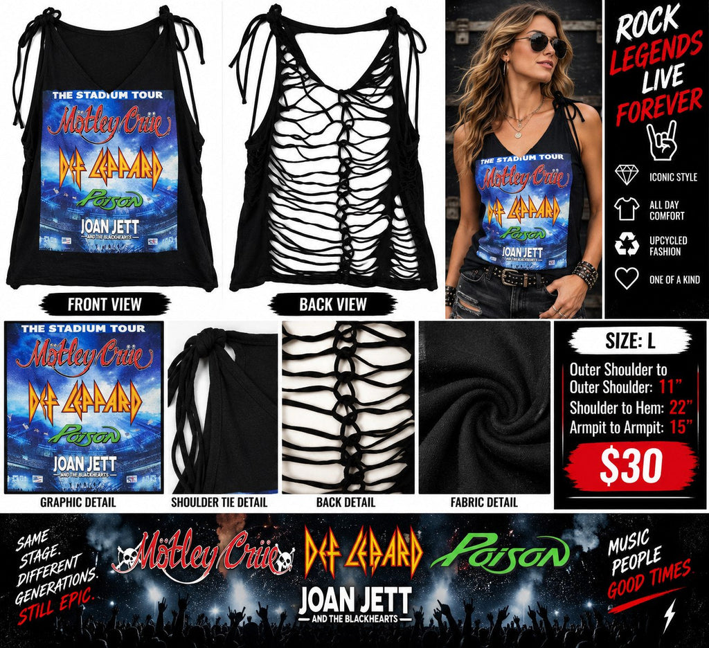 Motley / Def Leppard / Poison – One-of-a-Kind Women’s L Reworked Tank - details and styling