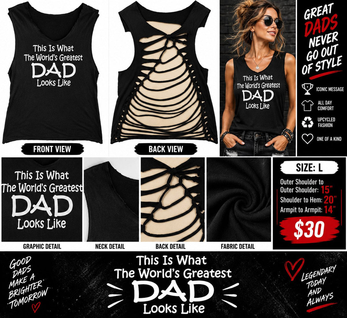 World's Greatest Dad – One-of-a-Kind Women’s L Reworked Tank - details and styling