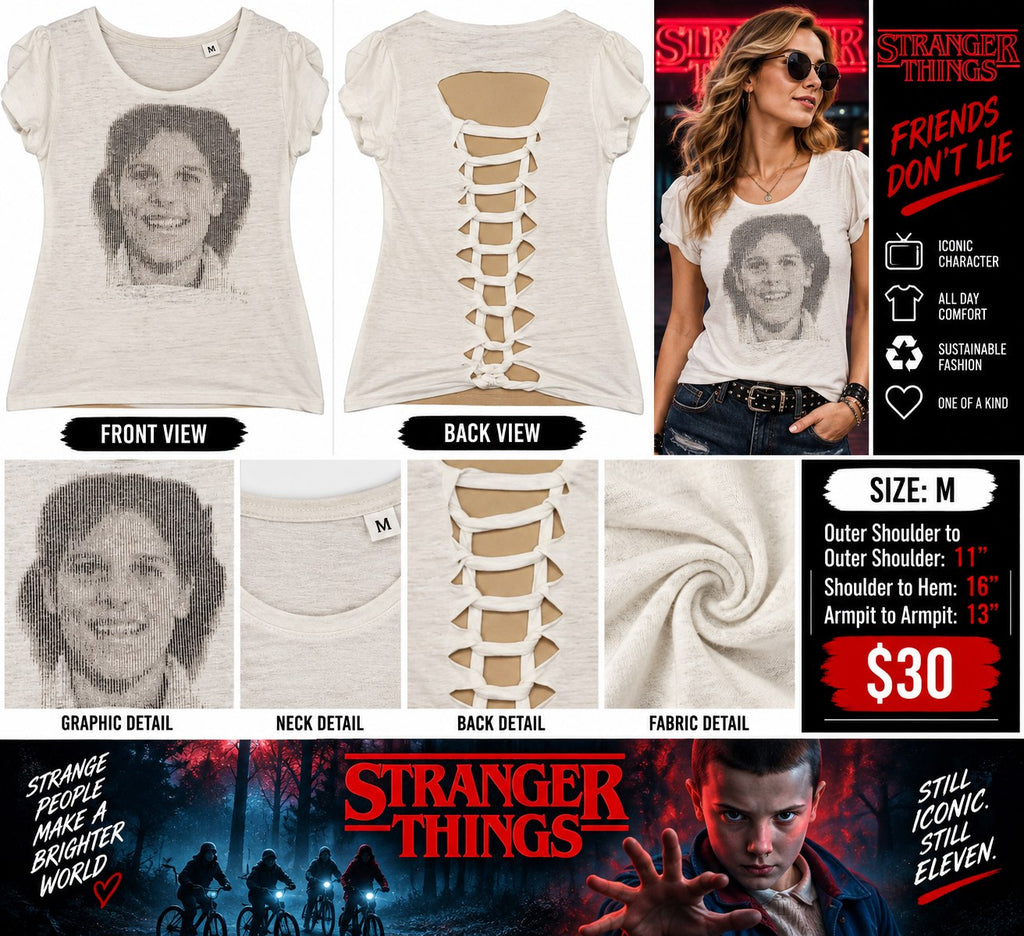 Eleven from Stranger Things – One-of-a-Kind Women’s M Reworked Shirt - details and styling