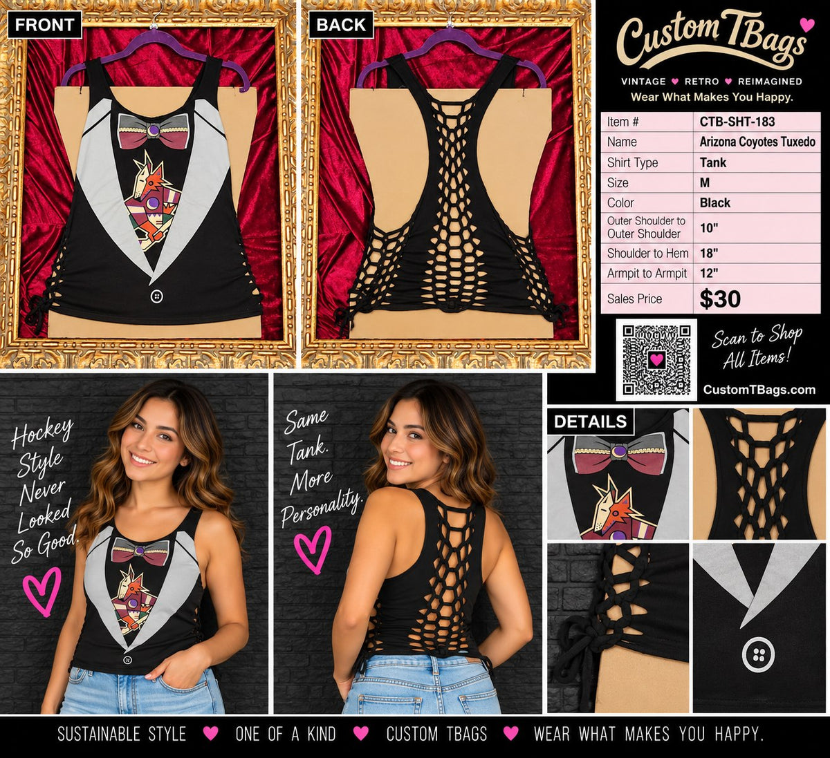 One-of-a-Kind Arizona Coyotes Tuxedo Reworked Tank – Size M - details and styling