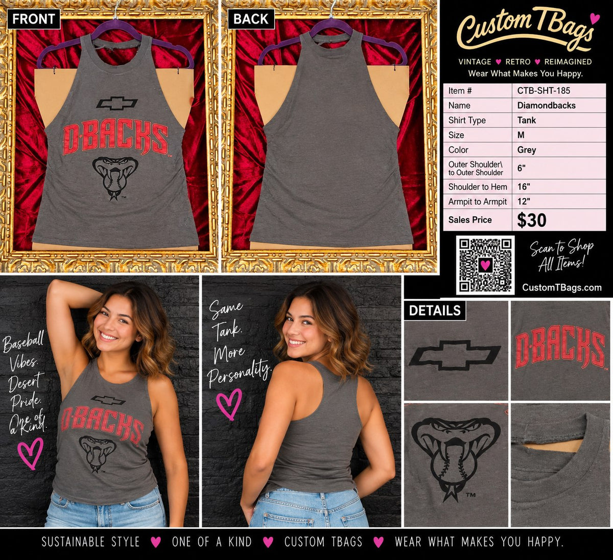 Diamondbacks – One-of-a-Kind Women’s M Reworked Tank - details and styling