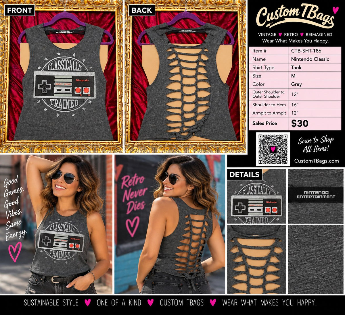 Nintendo Classic – One-of-a-Kind Women’s M Reworked Tank - details and styling
