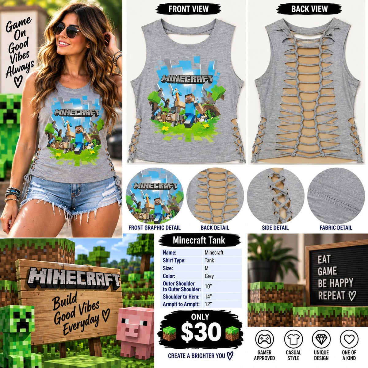 Minecraft – One-of-a-Kind Women’s M Reworked Tank - details and styling
