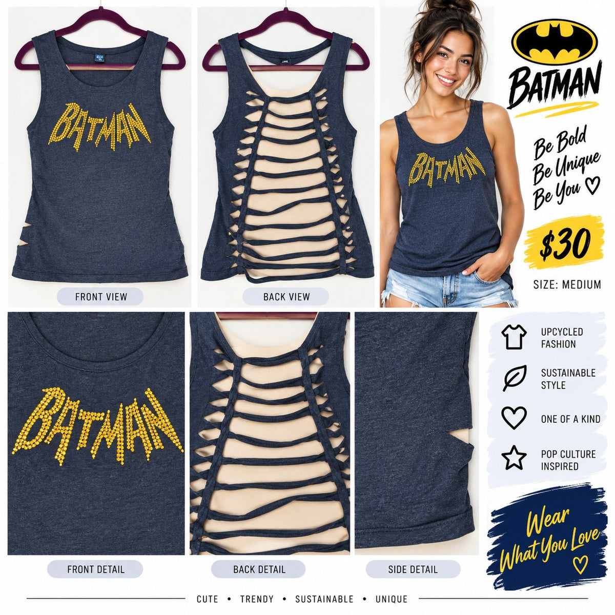 Batman – One-of-a-Kind Women’s M Reworked Tank - details and styling