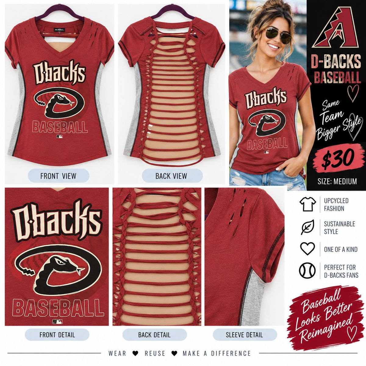 Diamondbacks – One-of-a-Kind Women’s M Reworked Shirt - details and styling