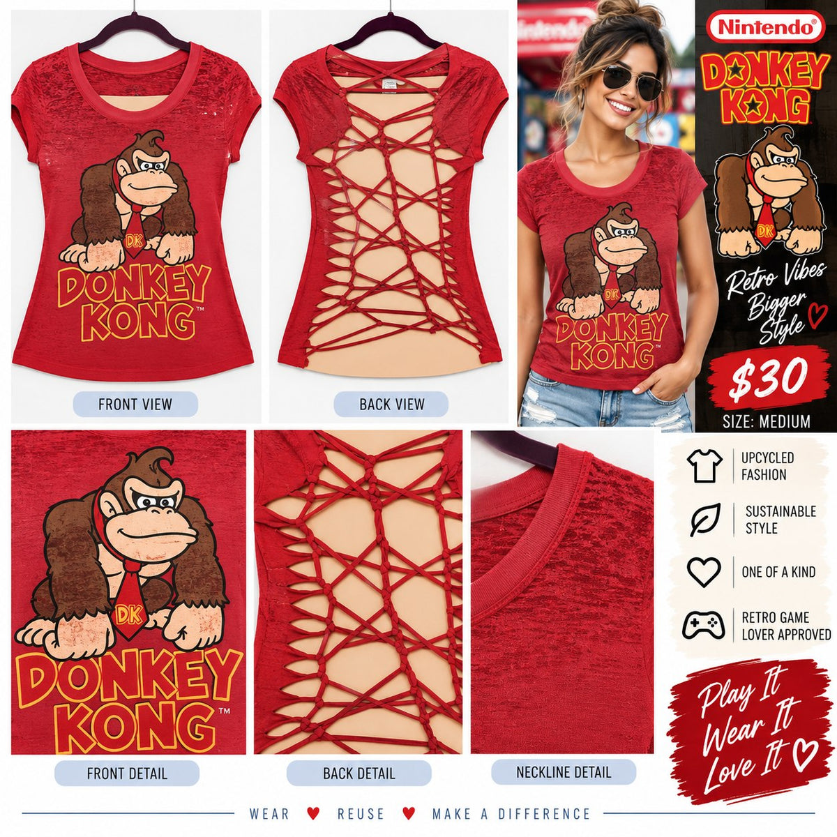 Donkey Kong – One-of-a-Kind Women’s M Reworked Shirt - details and styling