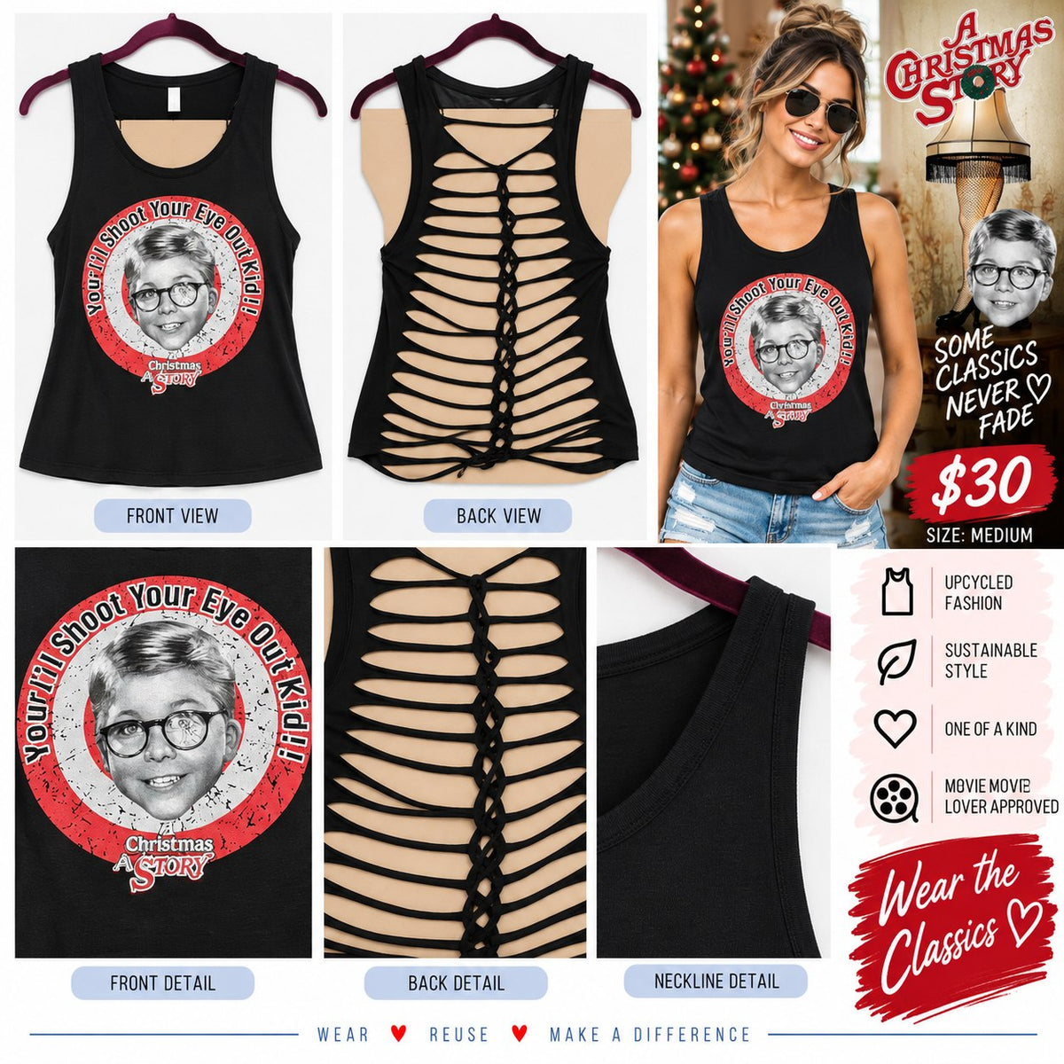 Christmas Story – One-of-a-Kind Women’s M Reworked Tank - details and styling