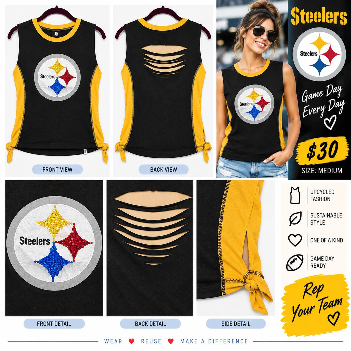 Steelers 78 – One-of-a-Kind Women’s M Reworked Tank - details and styling