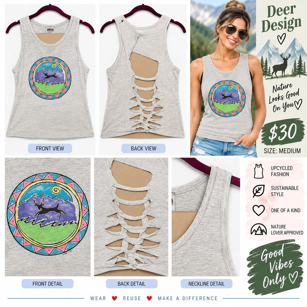 Deer Design – One-of-a-Kind Women’s M Reworked Tank - details and styling
