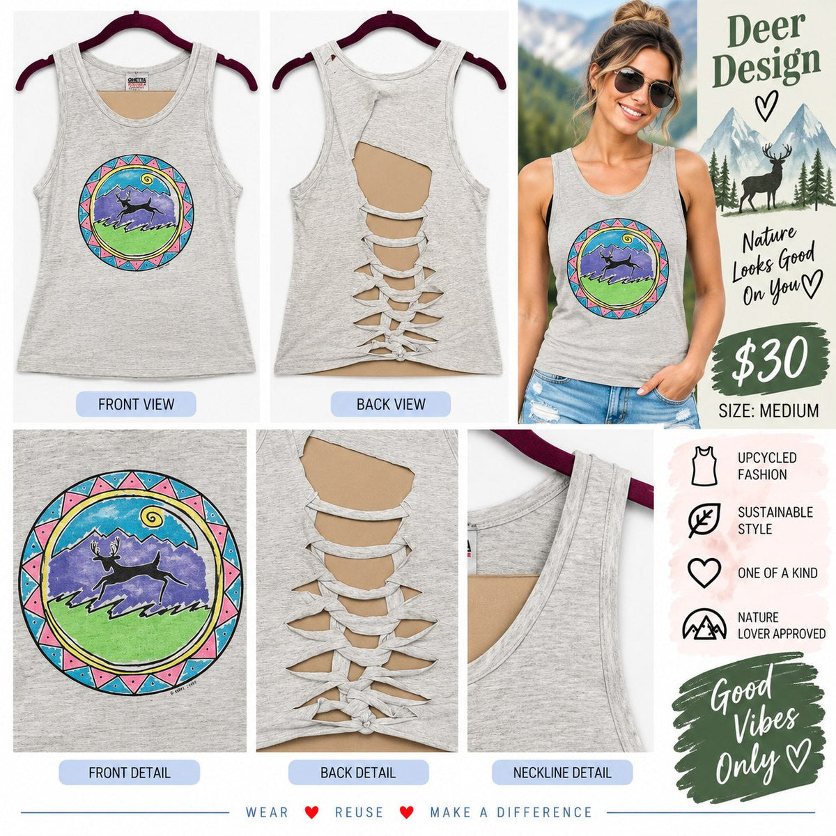 Deer Design – One-of-a-Kind Women’s M Reworked Tank - details and styling