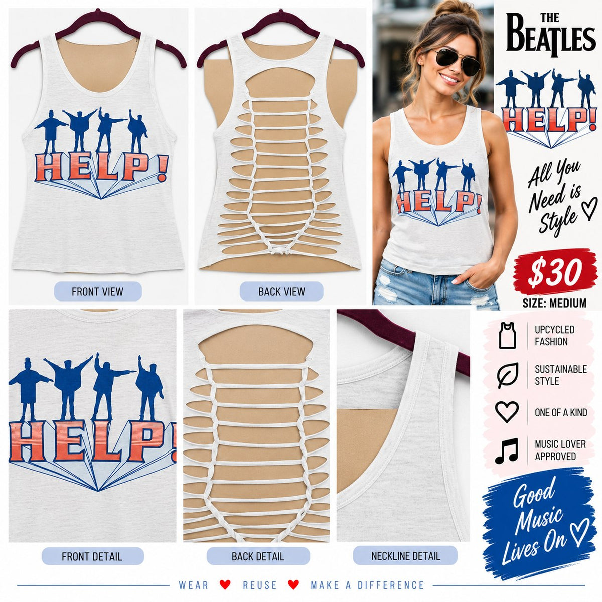 Beatles Help – One-of-a-Kind Women’s M Reworked Tank - details and styling