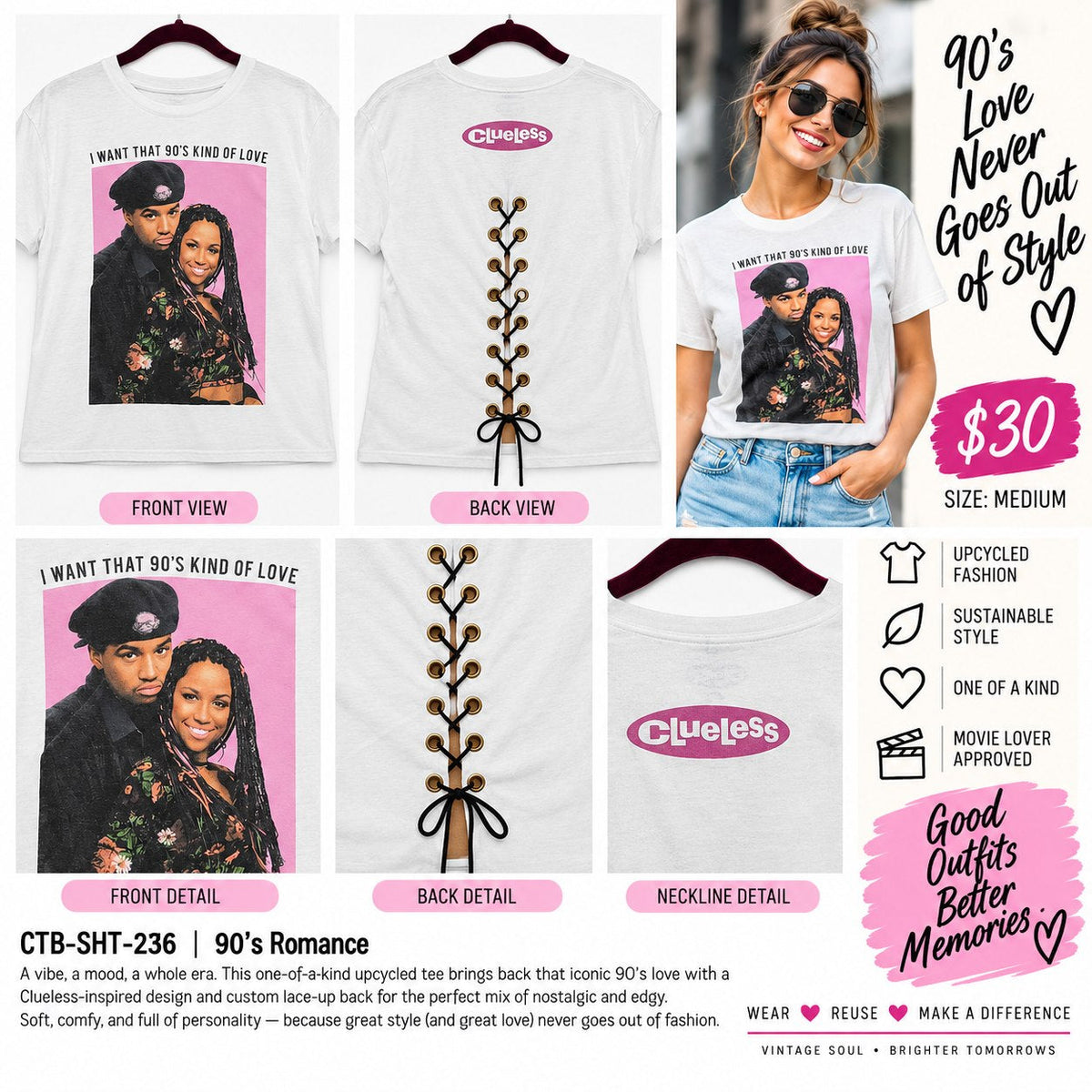 90's Romance – One-of-a-Kind Women’s M Reworked Shirt - details and styling