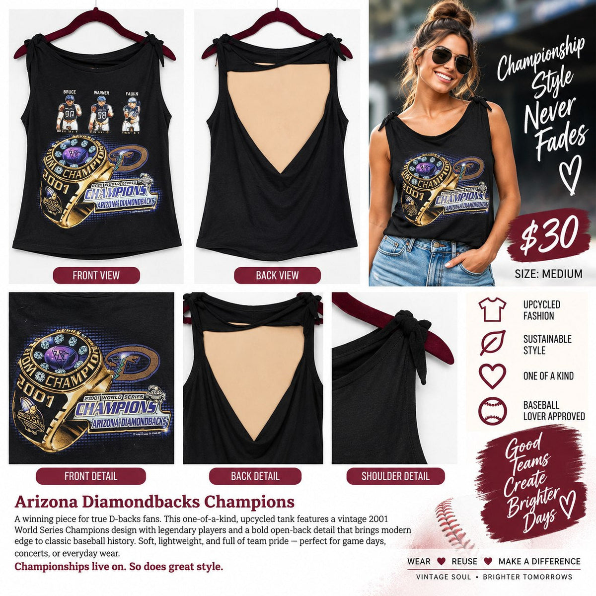 Arizona Diamondbacks Champions – One-of-a-Kind Women’s M Reworked Tank - details and styling