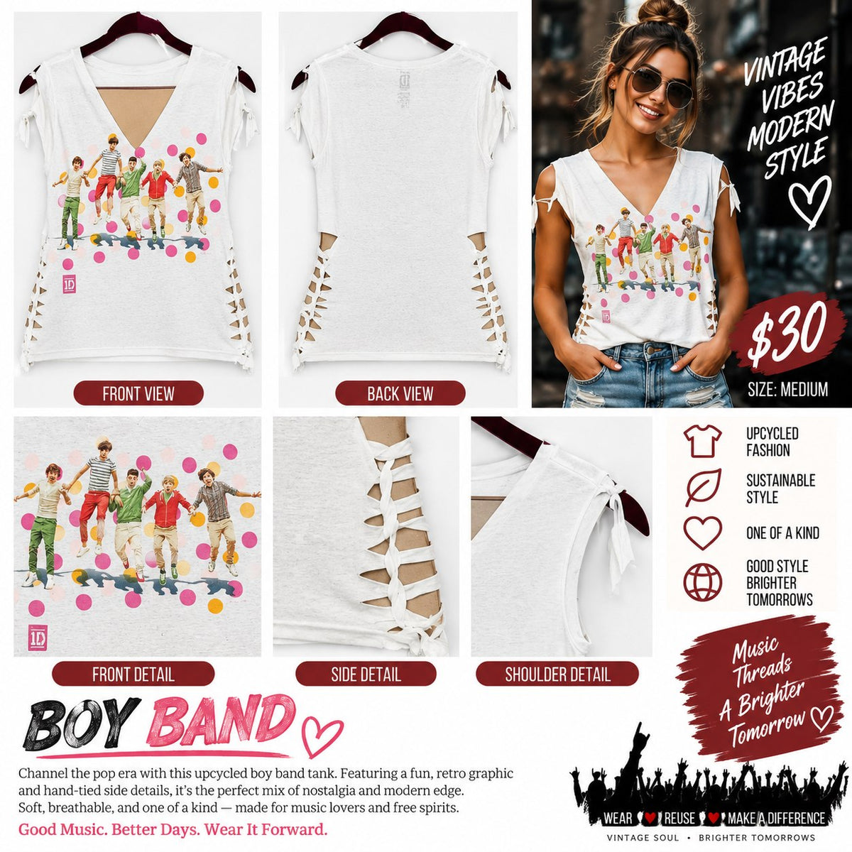Boy Band – One-of-a-Kind Women’s M Reworked Shirt - details and styling