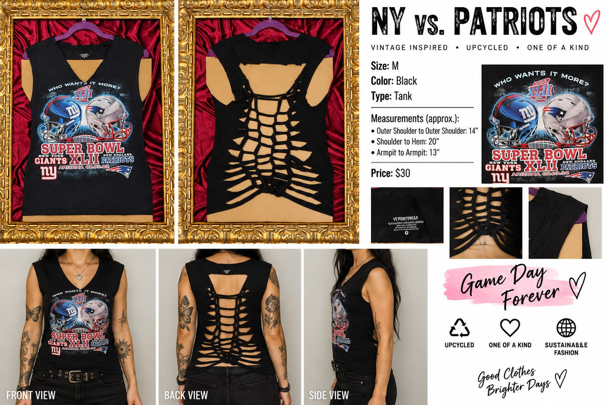 NY vs. Patriots – One-of-a-Kind Women’s M Reworked Tank - details and styling
