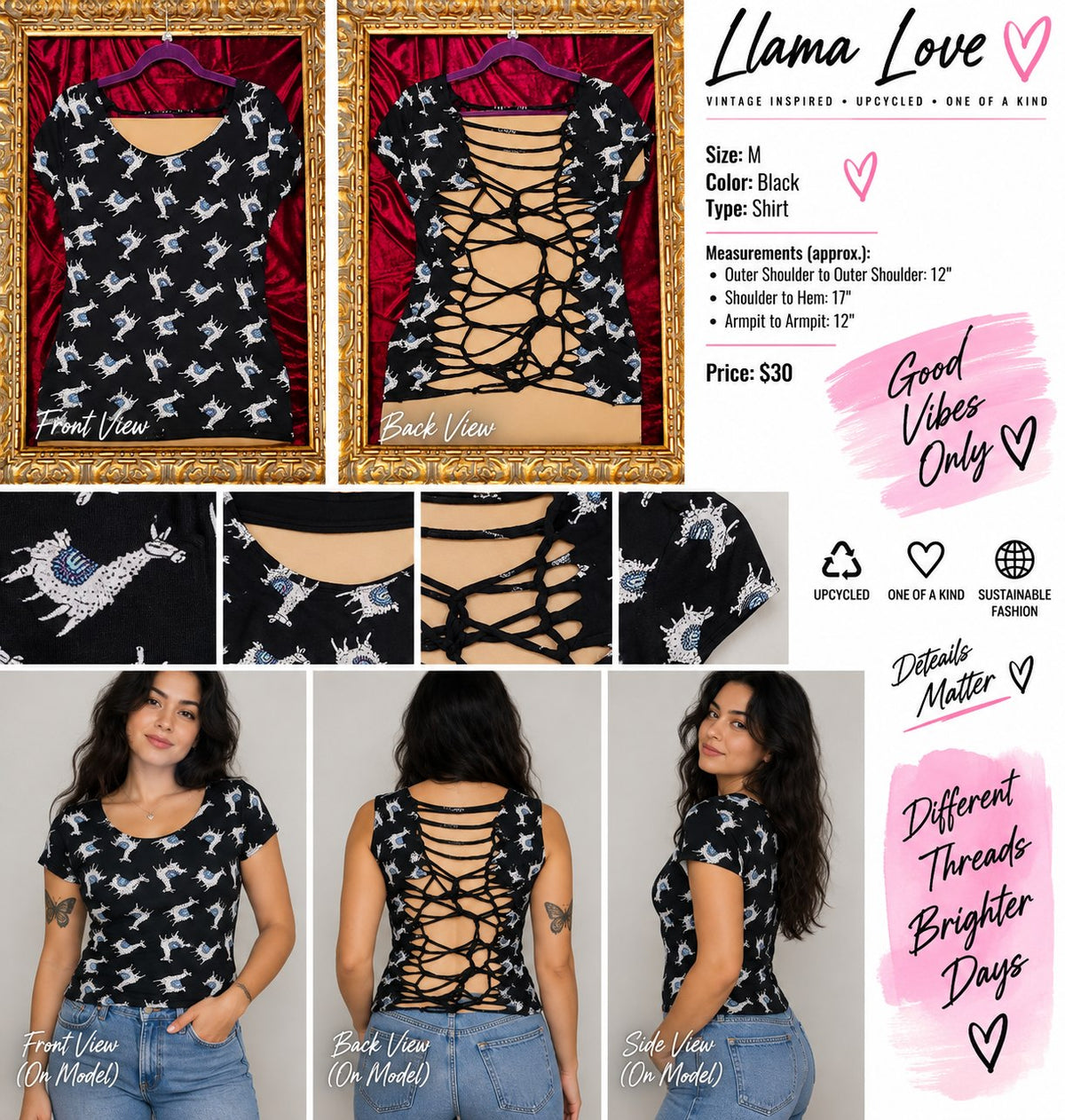 Llama – One-of-a-Kind Women’s M Reworked Shirt - details and styling